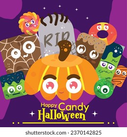 VECTOR SET CANDY HALLOWEEN CUTE ILLUSTRATIONS AND ICONS, ZOMBIE, GREEN MONSTER, TOMB, PUMPKIN, GUMMY, POPSICLE, CHOCOLATE, BROWNIE. ISOLATED ON PURPLE