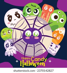 VECTOR SET CANDY HALLOWEEN CUTE ILLUSTRATIONS AND ICONS, WEB SPIDER, ZOMBIE, GHOST, MUMMY, GUMMY, COOKIE. ISOLATED ON DARK BLUE AND PURPLE