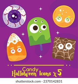 VECTOR SET CANDY HALLOWEEN CUTE ILLUSTRATIONS AND ICONS, GUMMY, BROWNIE, EYE, POPSICLE. ISOLATED ON PURPLE