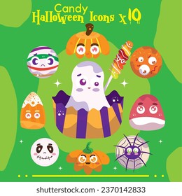 VECTOR SET CANDY HALLOWEEN CUTE ILLUSTRATIONS AND ICONS, WEB SPIDER, ZOMBIE, GHOST, PUMPKIN, GUMMY, TWISTED POPSICLE. ISOLATED ON GREEN