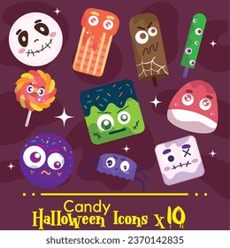 VECTOR SET CANDY HALLOWEEN CUTE ILLUSTRATIONS AND ICONS, SPIDER, MONSTER, ZOMBIE, COOKIE, GUMMY, POPSICLE. ISOLATED ON RED WINE