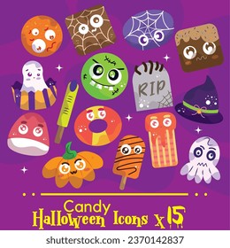 VECTOR SET CANDY HALLOWEEN CUTE ILLUSTRATIONS AND ICONS, WEB SPIDER, ZOMBIE, GHOST, TOMB, PUMPKIN, WITCH HAT, WITCH FINGER, GUMMY, POPSICLE, COOKIE, CHOC