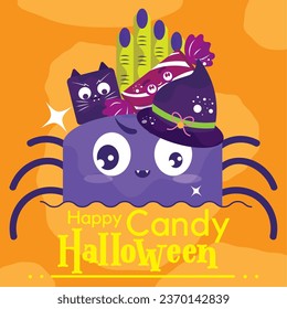 VECTOR SET CANDY HALLOWEEN CUTE ILLUSTRATIONS AND ICONS, SPIDER, CAT, WITCH HAT, WITCH FINGERS, POPSICLE. ISOLATED ON ORANGE