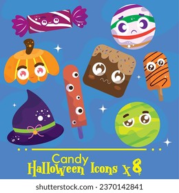 VECTOR SET CANDY HALLOWEEN CUTE ILLUSTRATIONS AND ICONS, MUMMY, ZOMBIE, WITCH HAT, PUMPKIN, CARAMEL, BROWNIE, POPSICLE. ISOLATED ON BLUE