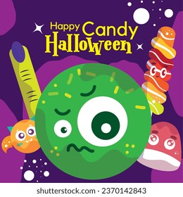 VECTOR SET CANDY HALLOWEEN CUTE ILLUSTRATIONS AND ICONS, BAT, ZOMBIE, WITCH FINGER, GUMMY, TWISTED POPSICLE. ISOLATED ON PURPLE