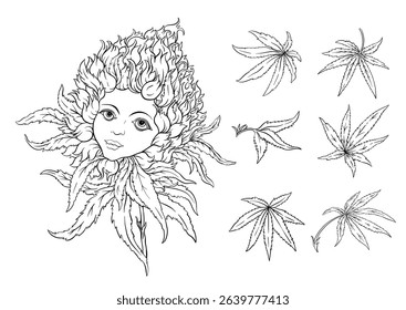Vector set of cannabis leaves and surreal bud with a dreamy girl's face. Botanical, psychedelic, and artistic design perfect for alternative wellness, print, or packaging concepts.