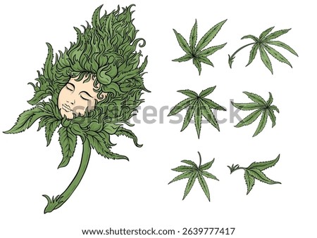 Vector set of cannabis leaves and surreal bud with a dreamy girl's face. Botanical, psychedelic, and artistic design perfect for alternative wellness, print, or packaging concepts.