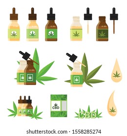 Vector set of cannabis oil of different forms, colors