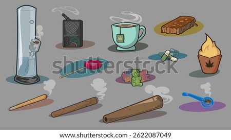 Vector set of cannabis THC consumption methods: smoking, vaping, edibles, tea, capsules, and more. Colorful icons for medical, recreational, and educational cannabis content