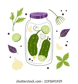 Vector con pepinos enlatados y especias.