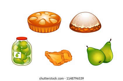 vector set of canned pears, cake and muffin home-cooked food
