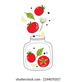 Vector ambientado con tomates enlatados y especias en un frasco.