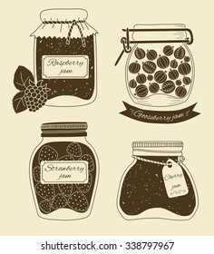 Vector set of canning jam jars with berries.