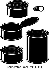 Vector set of cans - canned food - isolated illustration black on white background