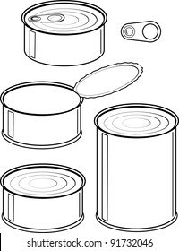 Vector set of cans - canned food - isolated illustration black contour on white background