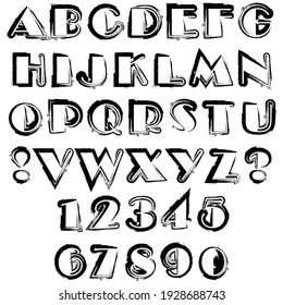 Vector set: capital letters of the Latin alphabet, exclamation, question marks and numbers: 1, 2, 3, 4, 5, 6, 7, 8, 9, 0. Black and white illustration.