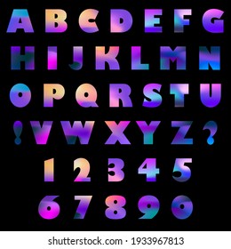 Vector set: capital letters of the latin alphabet, exclamation, question marks and numbers: 1, 2, 3, 4, 5, 6, 7, 8, 9, 0. Isolated elements with a gradient rainbow hologram fill on a black background.