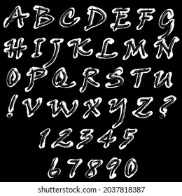 Vector set: capital letters of the Latin alphabet, exclamation, question marks and numbers: 1, 2, 3, 4, 5, 6, 7, 8, 9, 0. White and black elements on a black background.
