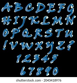 Vector set: capital letters of the Latin alphabet, exclamation, question marks and numbers: 1, 2, 3, 4, 5, 6, 7, 8, 9, 0. Winter texture. Blue letters with white snow on a black background.