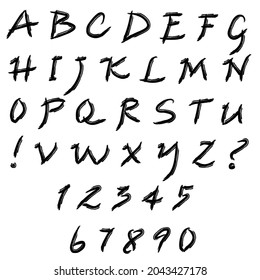 Vector set: capital letters of the Latin alphabet, exclamation, question marks and numbers: 1, 2, 3, 4, 5, 6, 7, 8, 9, 0. Written by hand. Black isolated elements on white background.