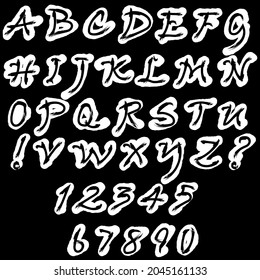 Vector set: capital letters of the Latin alphabet, exclamation, question marks and numbers: 1, 2, 3, 4, 5, 6, 7, 8, 9, 0. Written by hand. Black and white isolated elements on a black background.