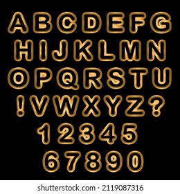 Vector set of capital letters of the Latin alphabet, exclamation and question marks and numbers: 1, 2, 3, 4, 5, 6, 7, 8, 9, 0. Golden neon isolated elements on a black background.