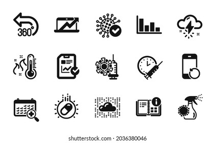Vector set of Capsule pill, Report checklist and Thunderstorm weather icons simple set. Medical calendar, Coronavirus spray and High thermometer icons. Capsule pill simple web symbol. Vector