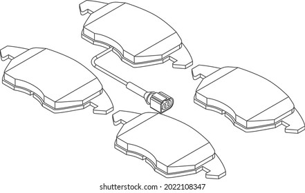 Vector set of car break pads with sensor for replacement - isometric view, contour line art