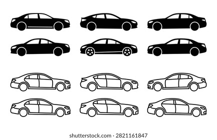 Vector set of car icons, showing sedans and coupes in outline and solid fill, for transport design.