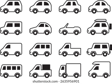 Vector Set of Car Icons – Various Car Shapes and Styles Illustration