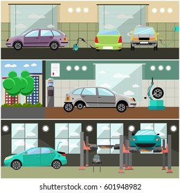 Vector set of car service station, repair shop interior concept posters, banners. Flat style design elements.