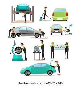 Vector set of car service station, auto repair shop workers icons isolated on white background. Flat style design elements.