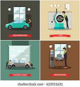 Vector set of car service station, repair shop posters, banners. Auto inspection, Tire, Changing a wheel and Engine repair concept flat style design elements.