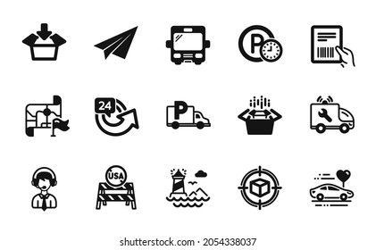 Vector set of Car service, Usa close borders and 24 hours icons simple set. Parcel tracking, Bus and Destination flag icons. Get box, Truck parking and Honeymoon travel signs. Vector