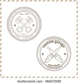 Vector set car symbols. Automobile service sale retro labels. Auto vehicle icons. Vintage machine collection of motor car related sign symbol various design elements, ribbons and emblems dealerships.