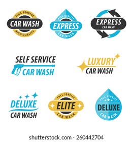 Vector set of car wash logotypes: for express, full service, self service, luxury, elite and deluxe car wash. Eps 10.