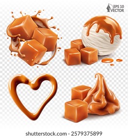 Vector set of caramel cream. Realistic splash of sweet syrup with toffee inside. Ice cream with liquid sauce. Confectionery decorative elements. 3D food illustration isolated on white background