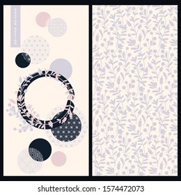vector set with a card in japanese style with floral and geometric decoration and seamless floral pink pattern