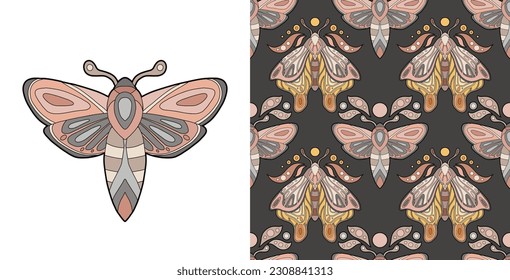 Vector set of card and seamless pattern with contour mothes on dark backdrop. Collection of clipart and texture with color outline butterflies.Line art tracery background and illustration with insect 