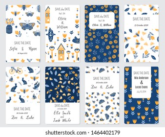 Vector Set of card templates in Scandinavian and Folk Art style. Perfect for Save The Date, wedding day, mothers day, valentines day, birthday cards, invitations.
