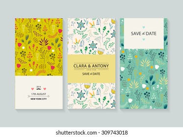 Vector set card templates. Use for Save The Date, baby shower, mothers day, valentines day, birthday cards, invitations. Cute vintage hand drawn flower backgrounds