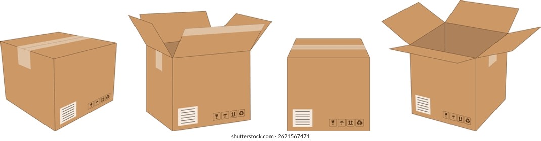 Vector set of cardboard shipping boxes with open and closed views, fragile signs included, perfect for delivery and packaging mockups.