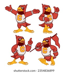 Vector Set of Cardinal Sport Mascot in Vintage Retro Hand Drawn Style