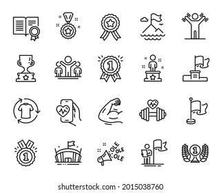 Vector set of Cardio training, Mountain flag and Leadership line icons set. Success, Dumbbells workout and Strong arm icons. Winner cup, Change clothes and Winner reward signs. Vector