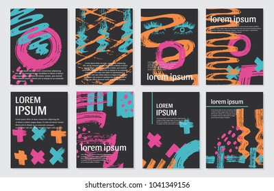 Vector set of  cards with abstract dry brush hand painted texture and text. Greeting card templates or social media backgrounds.