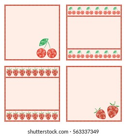 Vector set of cards with berries. Empty square form with ornamental strawberry, cherry and border with dots. Decorative frames. Series of vector Cards, Blanks and Forms