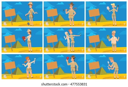 Vector set of cards with the blue sky, yellow sand, bone, skull, pyramids, banner and with cartoon images of archaeologists men and women of different ages  on this background. Excavations, archeology