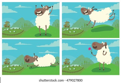 Vector set of cards with the blue sky, green fields, hills, farm, grazing sheep and with cartoon images of funny sheep: rejoicing, running somewhere, lying on her stomach and with a pink flower.