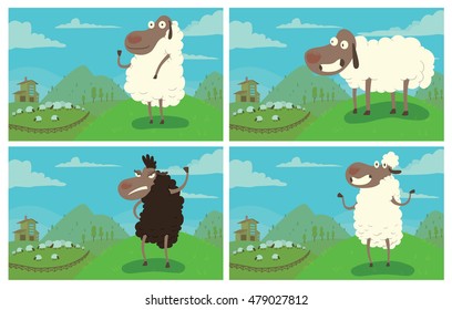 Vector set of cards with the blue sky, green fields, hills, farm, grazing sheep and with cartoon images of funny sheep: waving her hoof, standing on four hooves, angry and standing on hind hooves.