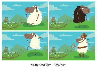 Vector set of cards with the blue sky, green fields, hills, farm, grazing sheep and with cartoon images of funny sheep: sitting, with a sad expression on her face, dancing and in a brown hat.